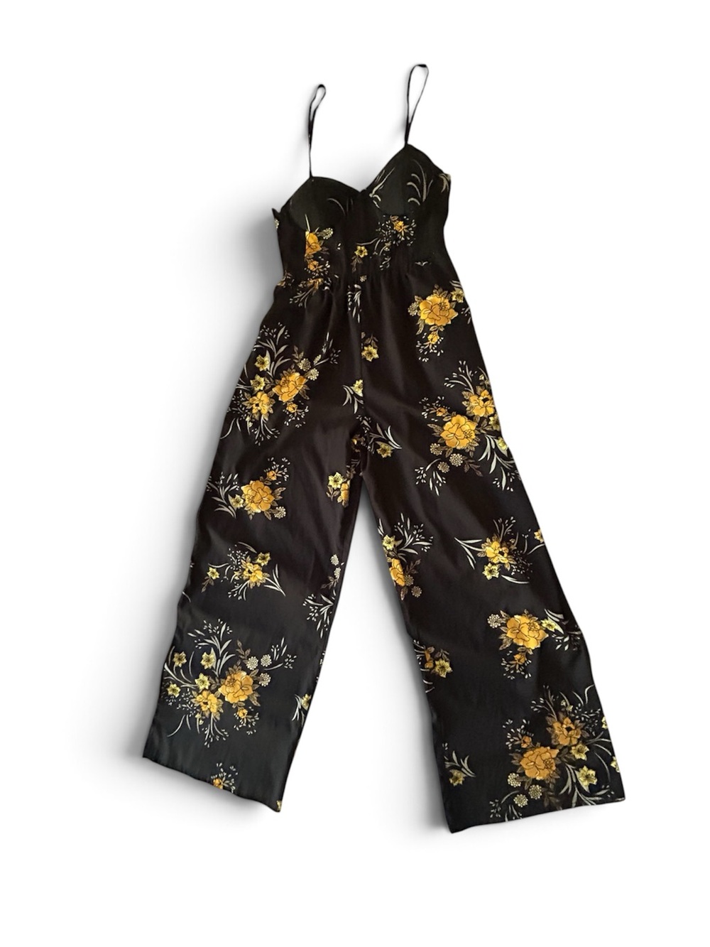 Black Floral Wide-Leg Jumpsuit with Yellow Blooms